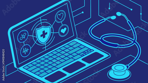 A vector graphic illustration of a laptop with a stethoscope and medical symbols on the screen, representing online healthcare and medical technology.