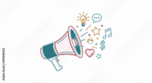 Stylized megaphone emits a flurry of communication, ideas, and symbols