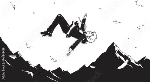 Vector illustration of man jumping in air with mountains