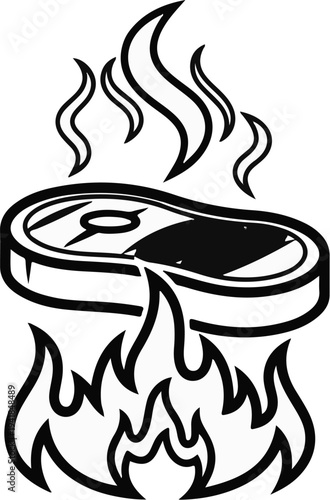 Stylized illustration of a steak cooking over open flames with wisps of steam