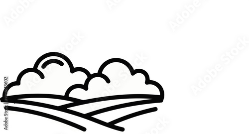 Stylized clouds hover over rolling fields in a simple line drawing