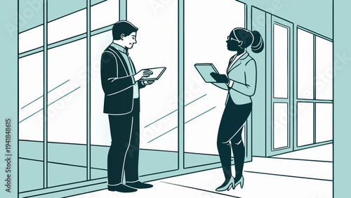 A minimalist vector illustration of a man and woman in business attire standing in a modern office with glass walls, both holding tablets and engaged in conversation.