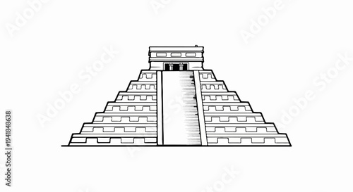 Stylized black and white illustration of a stepped pyramid with a central staircase