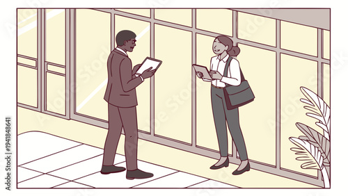 A vector graphic illustration of two business professionals discussing work in a modern office lobby with large windows.