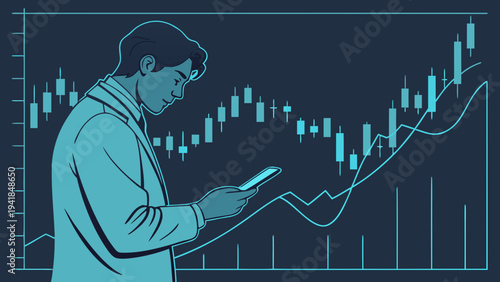A man in a blue jacket looks at his phone with a stock market graph in the background