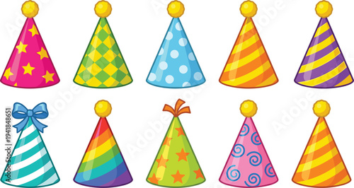 Colorful cartoon party hats collection, festive birthday celebration cone caps, patterned vector set, bright fun holiday decoration for kids event illustration