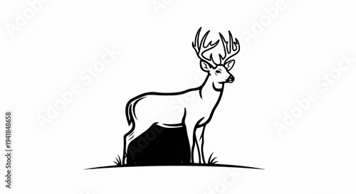 Stylized black and white illustration of a white-tailed deer with large antlers