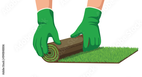 Two gloved hands, clad in bright green, meticulously unroll a tightly wound section of lush green grass sod onto a prepared patch of vibrant lawn.