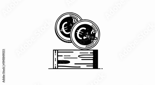 Stylized coins with euro symbol atop a wooden block or receipt