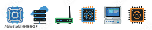 Set of technology and computing icons featuring a CPU, cloud server, router, neural network chip, personal computer, and AI brain processor in a flat vector illustration style