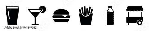 Set of black fast food and drink icons including a beer, cocktail, burger, fries, soda bottle, and street food cart, presented in a simple minimalist glyph style