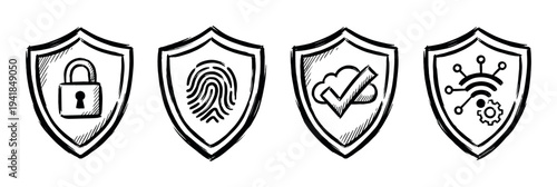 Four hand-drawn cybersecurity shield icons set with padlock, fingerprint, cloud check, and network symbols representing digital data protection and internet safety concepts
