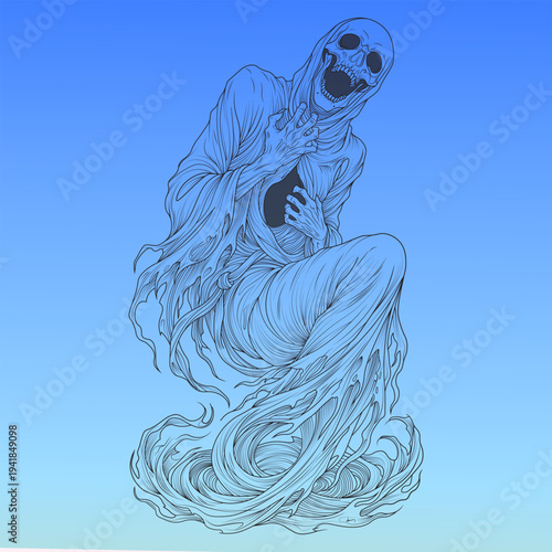 Screaming Ghost Skull Spirit Vector Illustration with Tattered Cloth - Halloween Horror Art
