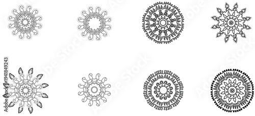  Hand-drawn mandala and alpana ornament set for traditional decoration, festivals, and henna patterns