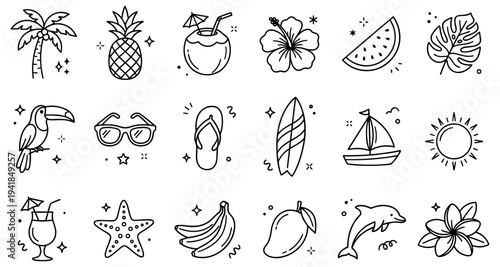 Summer Tropical Icons Set. Hand-Drawn Doodle Outline Vector Collection of Beach Vacation Elements: Palm Tree, Pineapple, Coconut Drink, Hibiscus Flower, Toucan, Surfboard, and Cocktails. Ideal for Mar