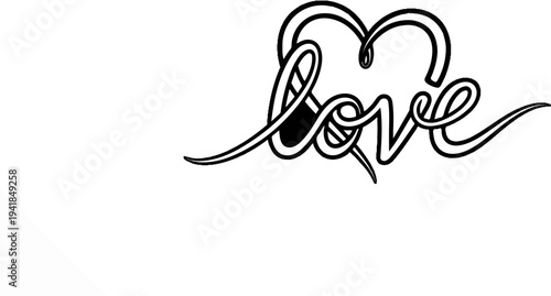 Stylized cursive text "love" intertwined with a heart shape in black and white