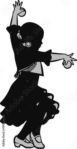 Stylized dancer in a black ruffled dress and short jacket, holding castanets