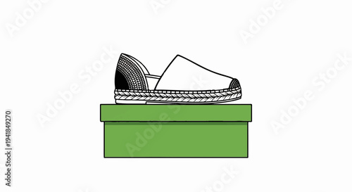 Simple line art illustration of a stylish espadrille resting on a green box