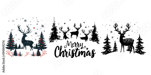 Silhouetted reindeer and pine trees with snowflakes and Merry Christmas text on white background, capturing a winter holiday scene
