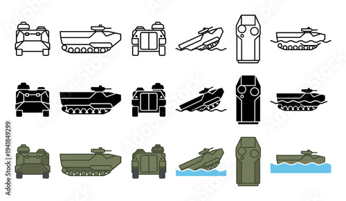 Amphibious armored personnel carrier vehicle icon set in line, glyph, and flat color styles, showing the military transport from front, side, top, and waterborne assault views