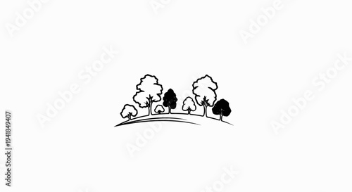 Simple line art depicts a row of stylized trees on a grassy hill