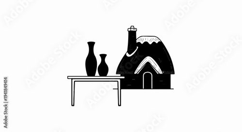 Simple illustration of two vases on a table next to a thatched-roof house