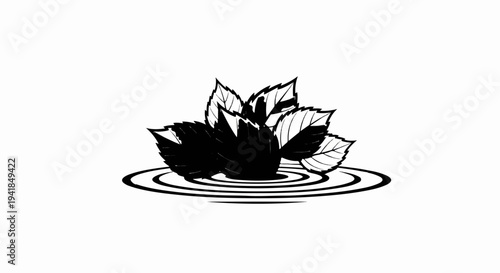 Stylized black and white depiction of mint leaves with rippling water effect