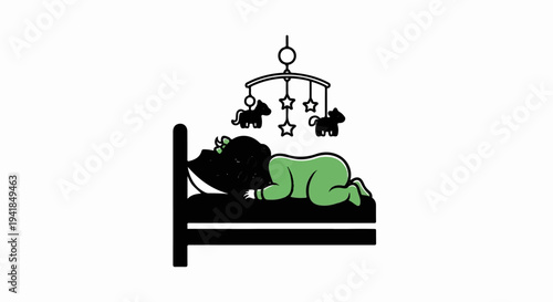 Stylized depiction of a baby sleeping in a bed with a mobile