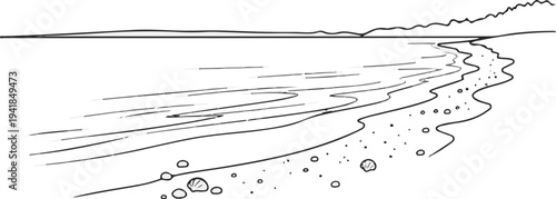 Stylized black and white depiction of ocean waves gently reaching a rocky shore