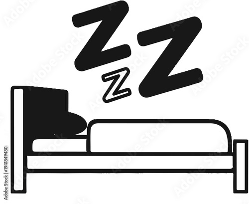 Simple illustration of a bed with a pillow and blanket, and "Zzz" symbols