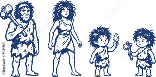 Hand Drawn Caveman Family Set Vector Illustration, Prehistoric Stone Age Character Sketch Collection.