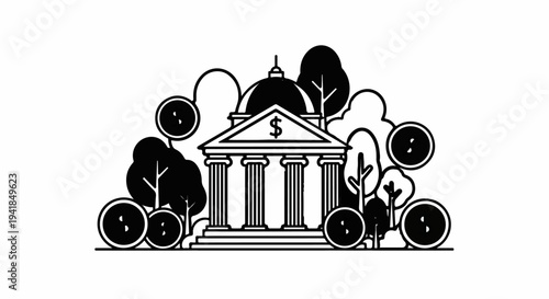 Stylized bank building with dome, columns, and trees, featuring circular coin-like elements