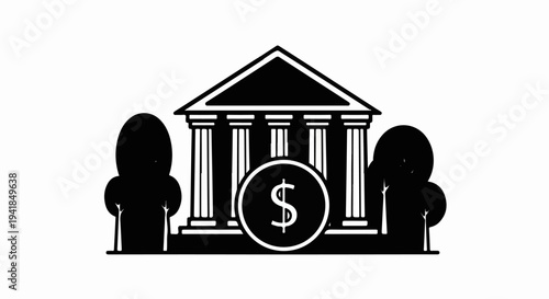 Stylized bank building with pillars, trees, and dollar coin