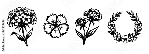 Set of four black ink carnation flower illustrations showing a bouquet, single bloom, stem, and floral wreath in a hand-drawn, graphic, and minimalist artistic style