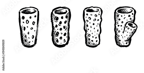 Four hand-drawn black ink tube sponges with porous textures are depicted in a rough sketch style, showing different shapes in a simple, monochrome artistic illustration
