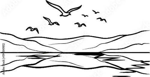 Stylized birds fly over a reflective water surface mirroring hills