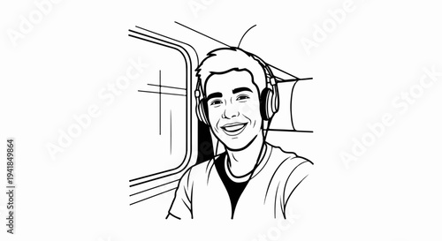 Smiling young person wearing headphones on a journey