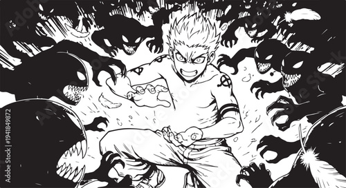 Black and white manga style illustration of a man surrounded by shadowy figures
