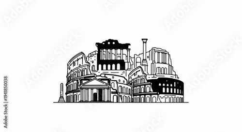 Stylized black and white outline of ancient Roman landmarks