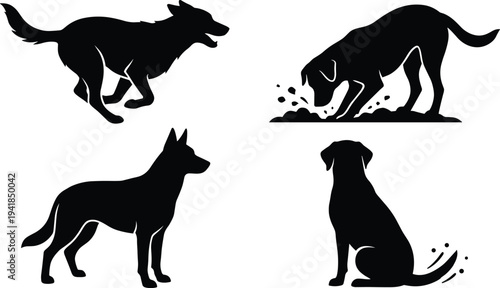 Set of four black dog silhouettes in different poses including standing sitting running and digging on white background