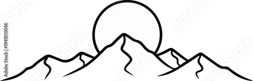Stylized black and white outline of mountains with a large circle in the sky
