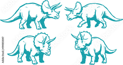 Hand Drawn Triceratops Dinosaur Set Vector Illustration, Prehistoric Dino Sketch Collection.