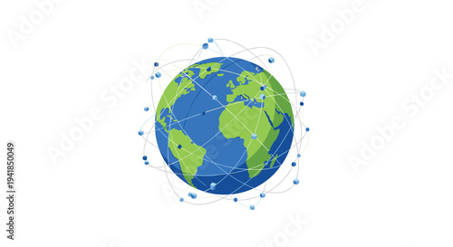 A vivid blue and green globe, illustrating Earth's continents, is intricately surrounded by a web of interconnected blue cubic nodes and arcing lines, symbolizing global communication.