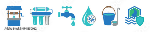 Collection of colorful flat vector icons representing water supply, purification, and conservation, including a well, filter, tap, pure drop, bucket, and shield