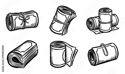 Collection of hand-drawn money rolls and banknote stacks in a black and white sketch style, featuring various wads of cash tied with string, bands, and a paperclip illustration set
