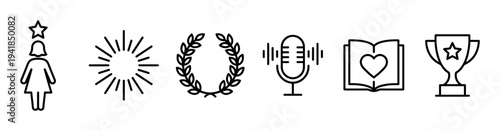 Set of black line icons representing success and achievement, including a star woman, sunburst, laurel wreath, podcast microphone, passion book, and a trophy cup
