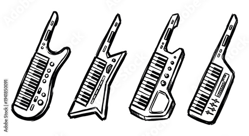 Four hand-drawn black and white keytars in a simple sketch style, showing a collection of different retro electronic synthesizer keyboard guitar designs for music
