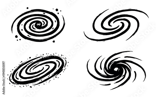 Four black hand-drawn spiral galaxy shapes with a rough brushstroke texture, showing a collection of abstract cosmic whirlpool and hurricane vector icons in a minimalist style