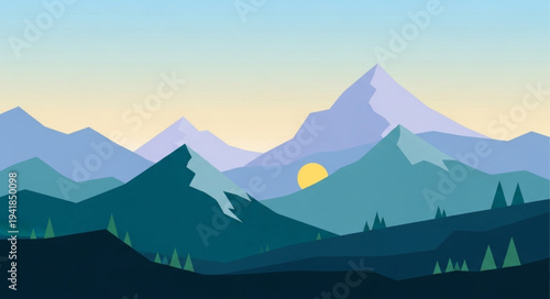 Scenic Mountain Landscape with Sun Rising Over Peaks.