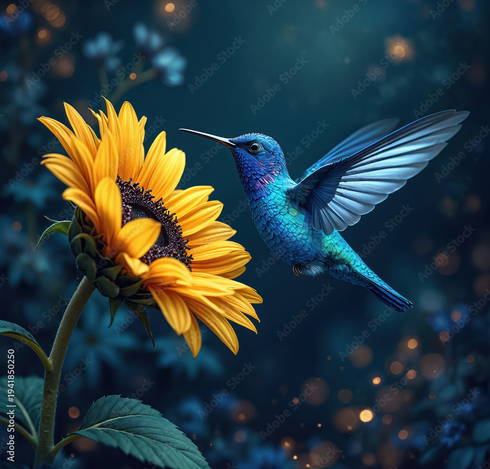 Obraz premium Blue hummingbird hovers near yellow sunflower. Small bird drinks nectar from blooming flower. Dark garden with bokeh lights and floral elements.